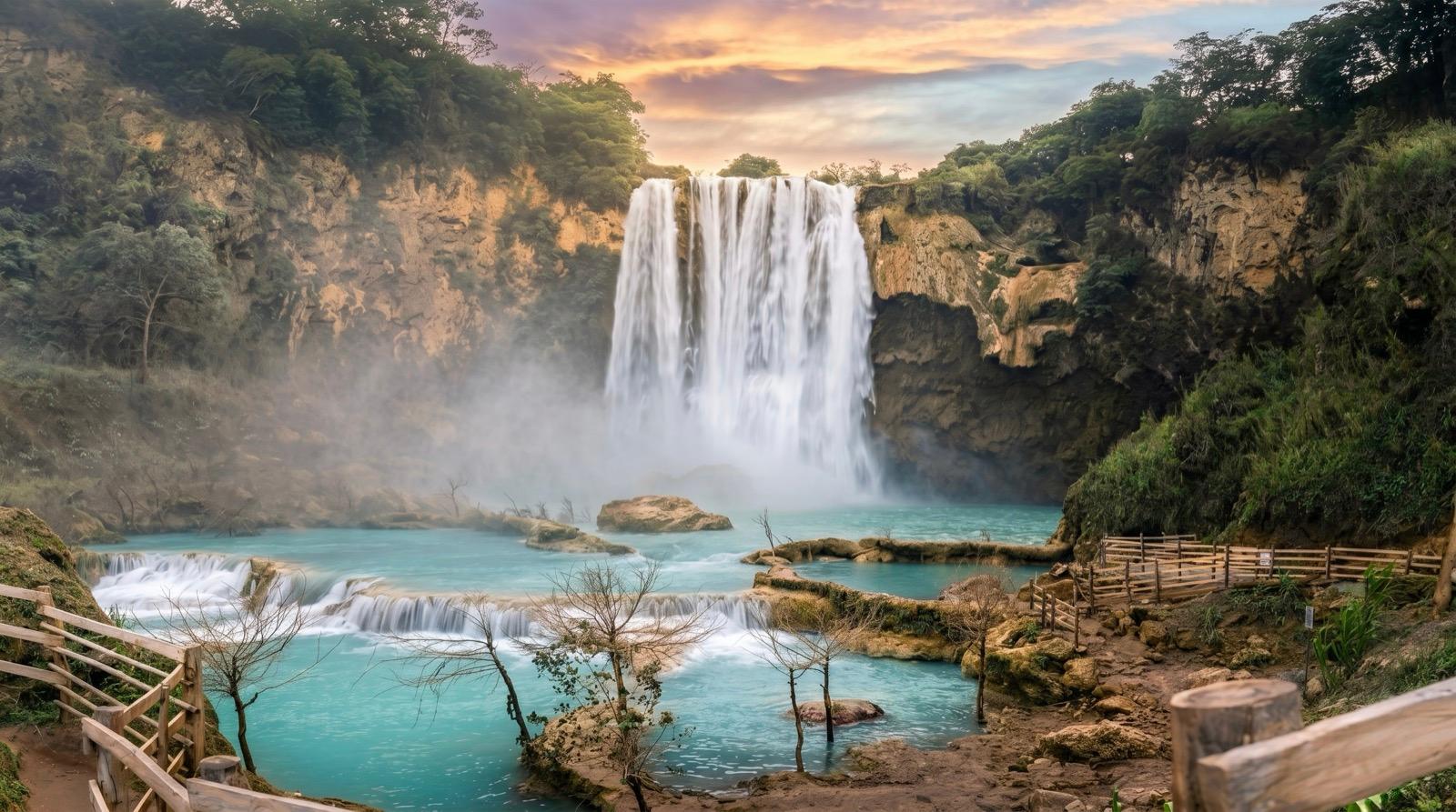 Cascada del Salto vista cinematográfica — caída principal con niebla y selva