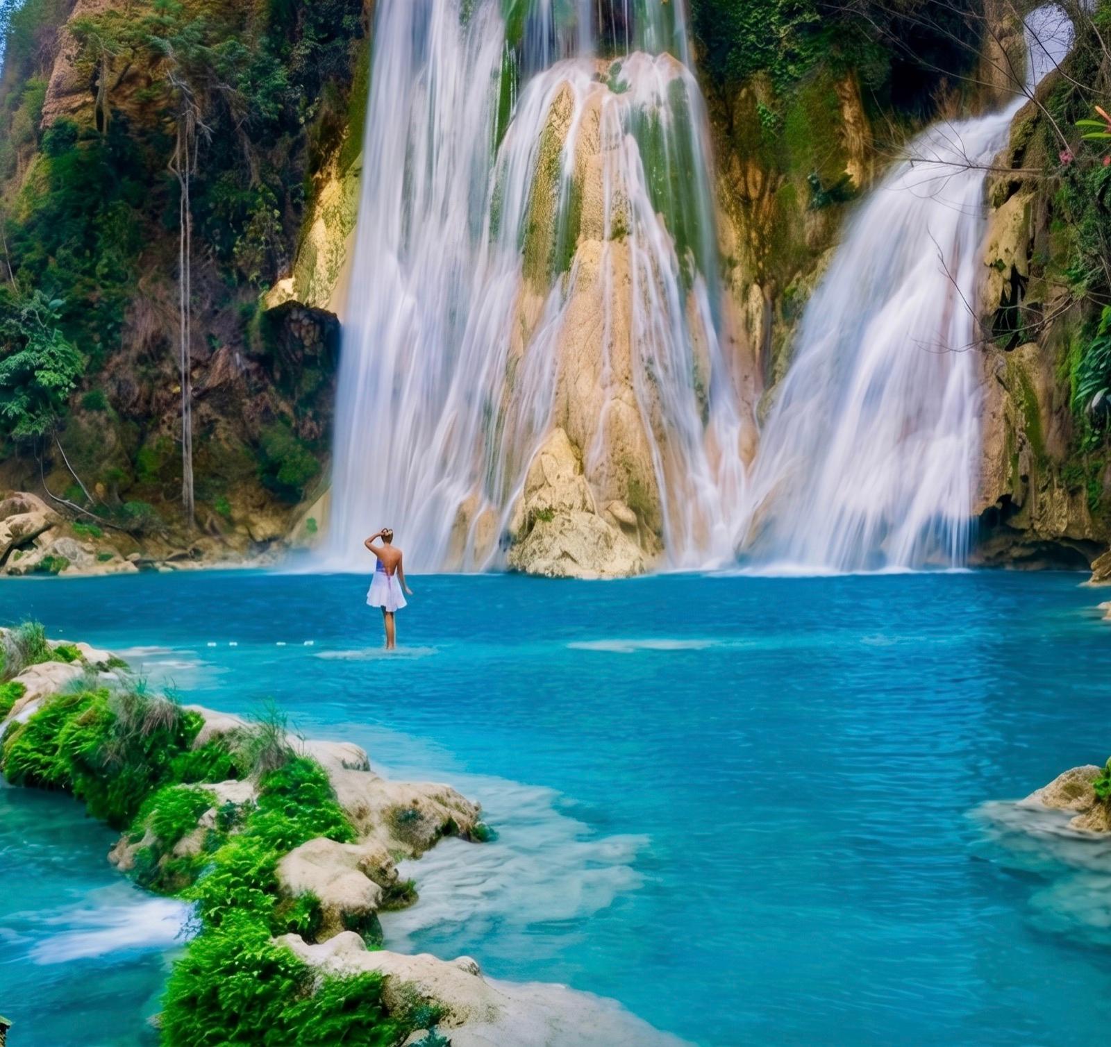 Chica posando frente a la cascada principal de Minas Viejas — agua turquesa