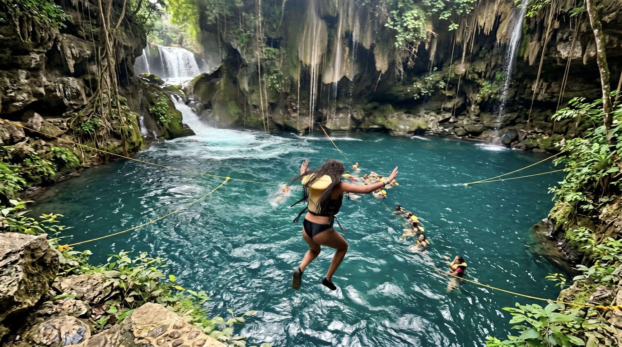 Familia de cinco nadando en las pozas turquesas de Tamasopo