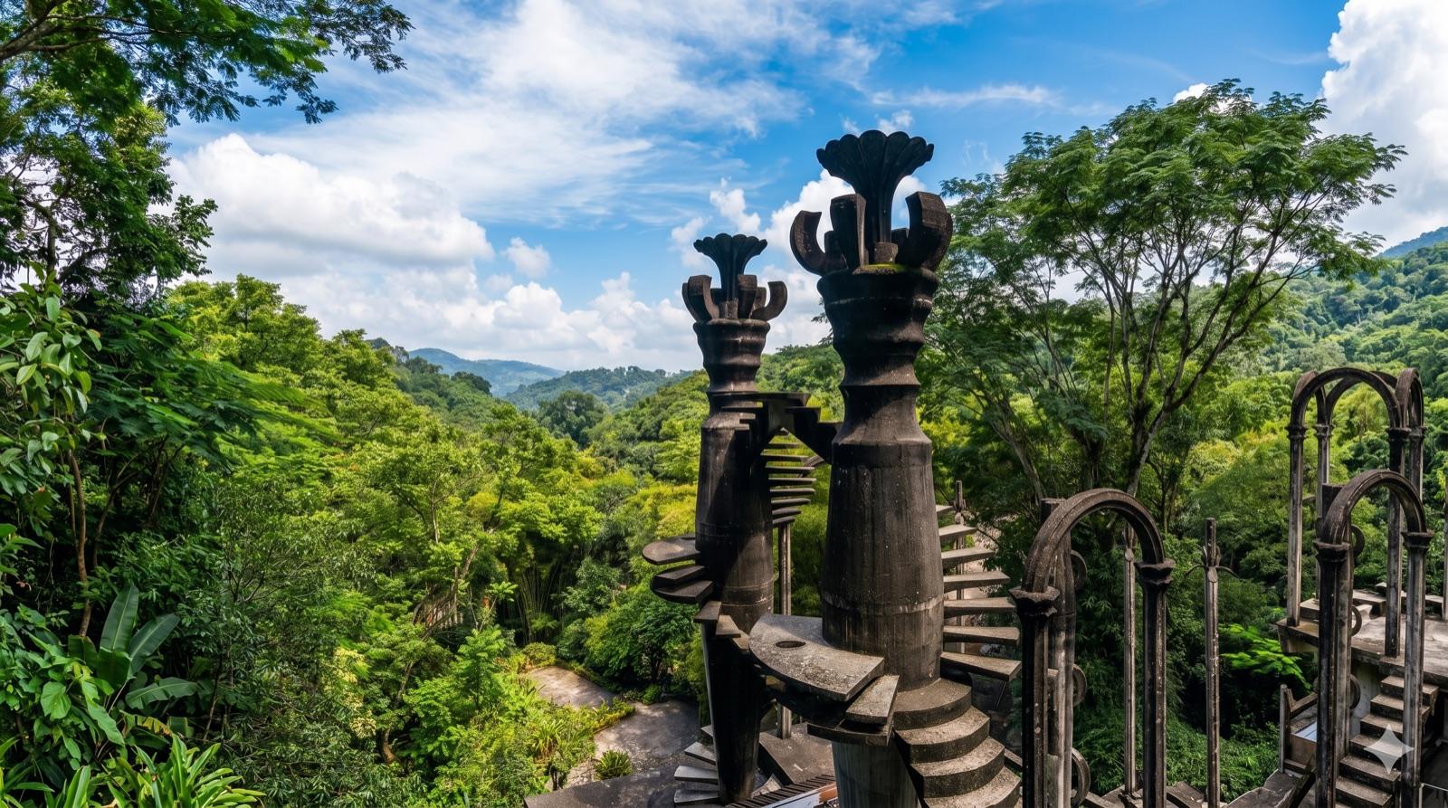 Torres de concreto de Las Pozas emergiendo entre la selva con cielo azul