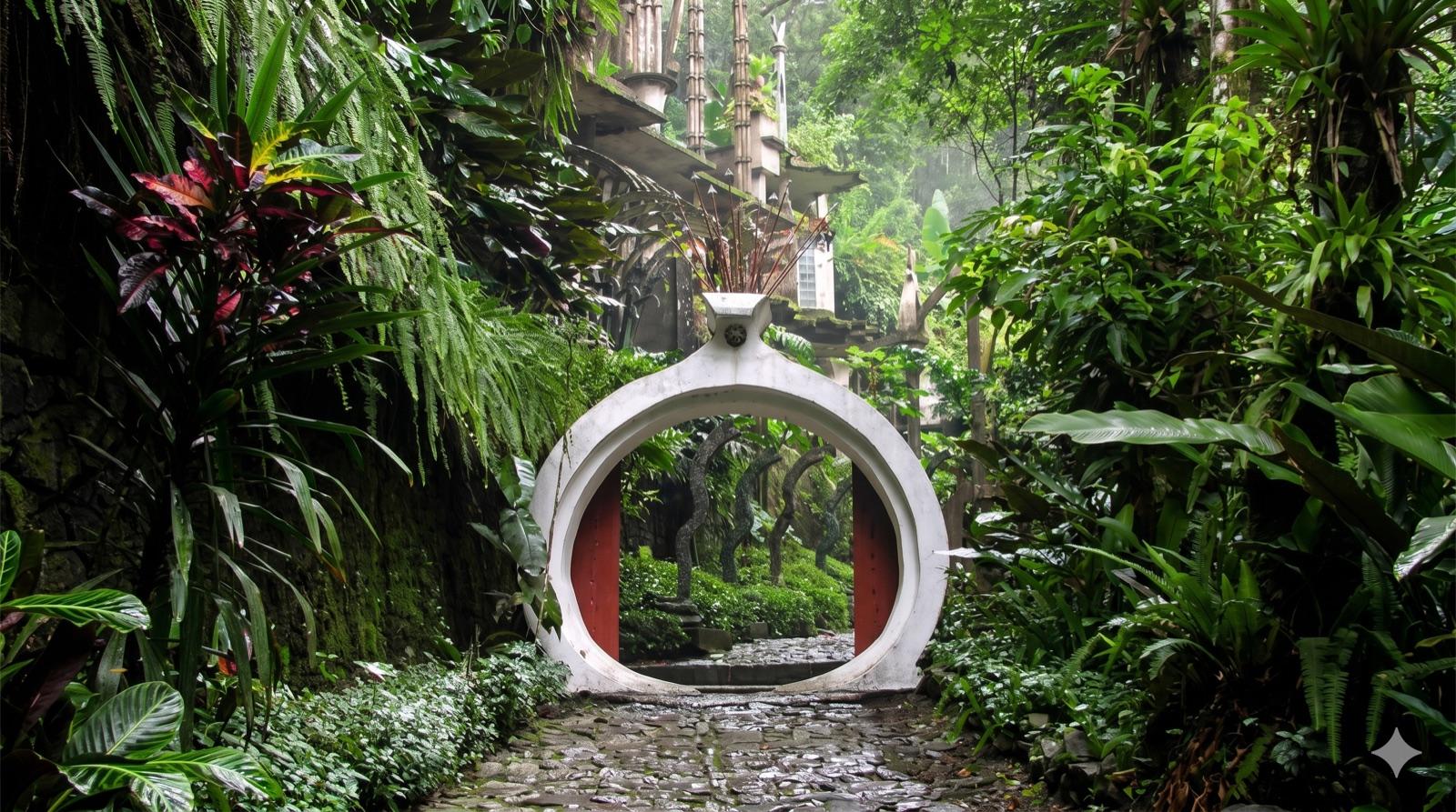 Portal circular de Las Pozas — sendero de adoquín entre helechos y selva