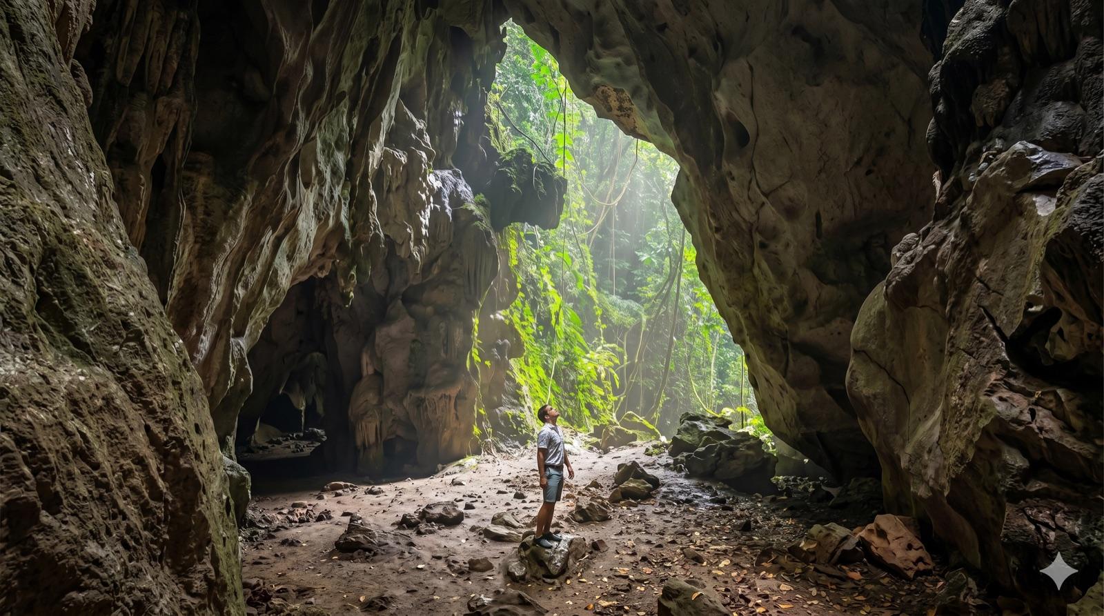 Interior de la Cueva de las Quilas — hombre admirando la formación rocosa