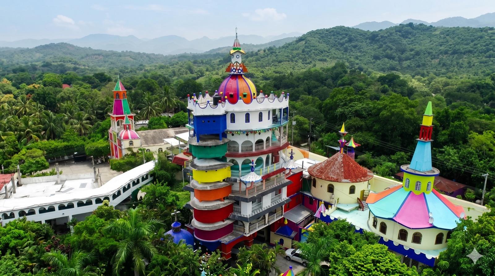 Castillo de la Salud — vista aérea de torres coloridas entre selva huasteca