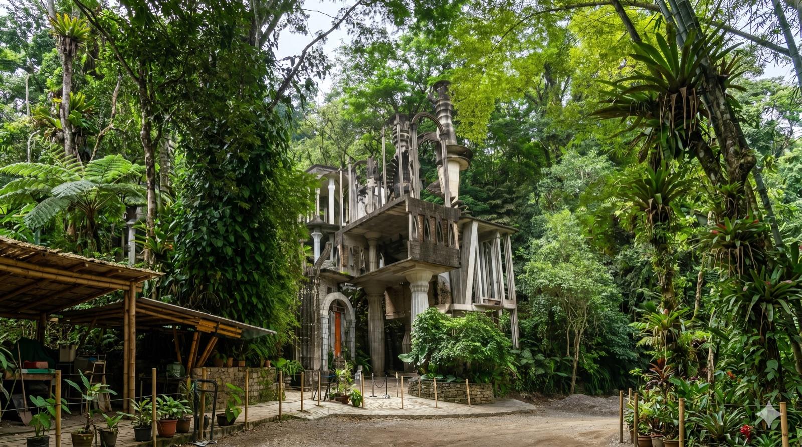 Estructura principal de Las Pozas rodeada de vegetación exuberante