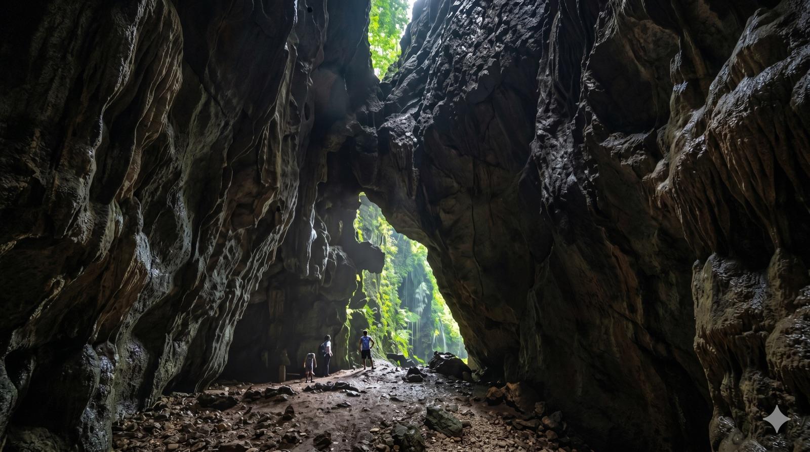 Cañón oscuro con luz entrando desde arriba — Cueva de las Quilas