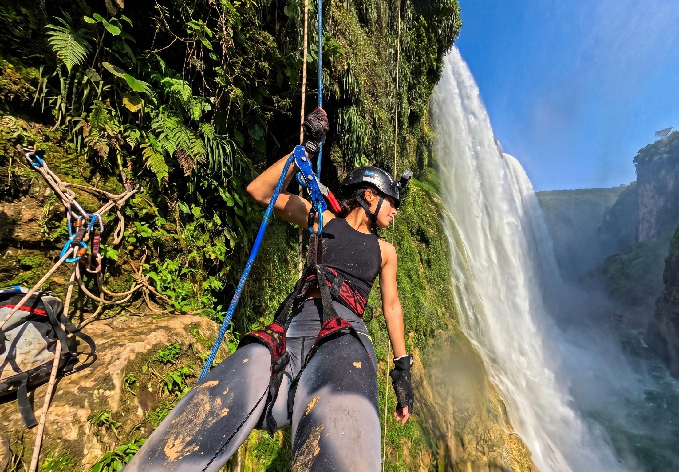 Rapelista de espaldas descendiendo la pared del cañón del Tampaón junto a la cortina de agua de Tamul