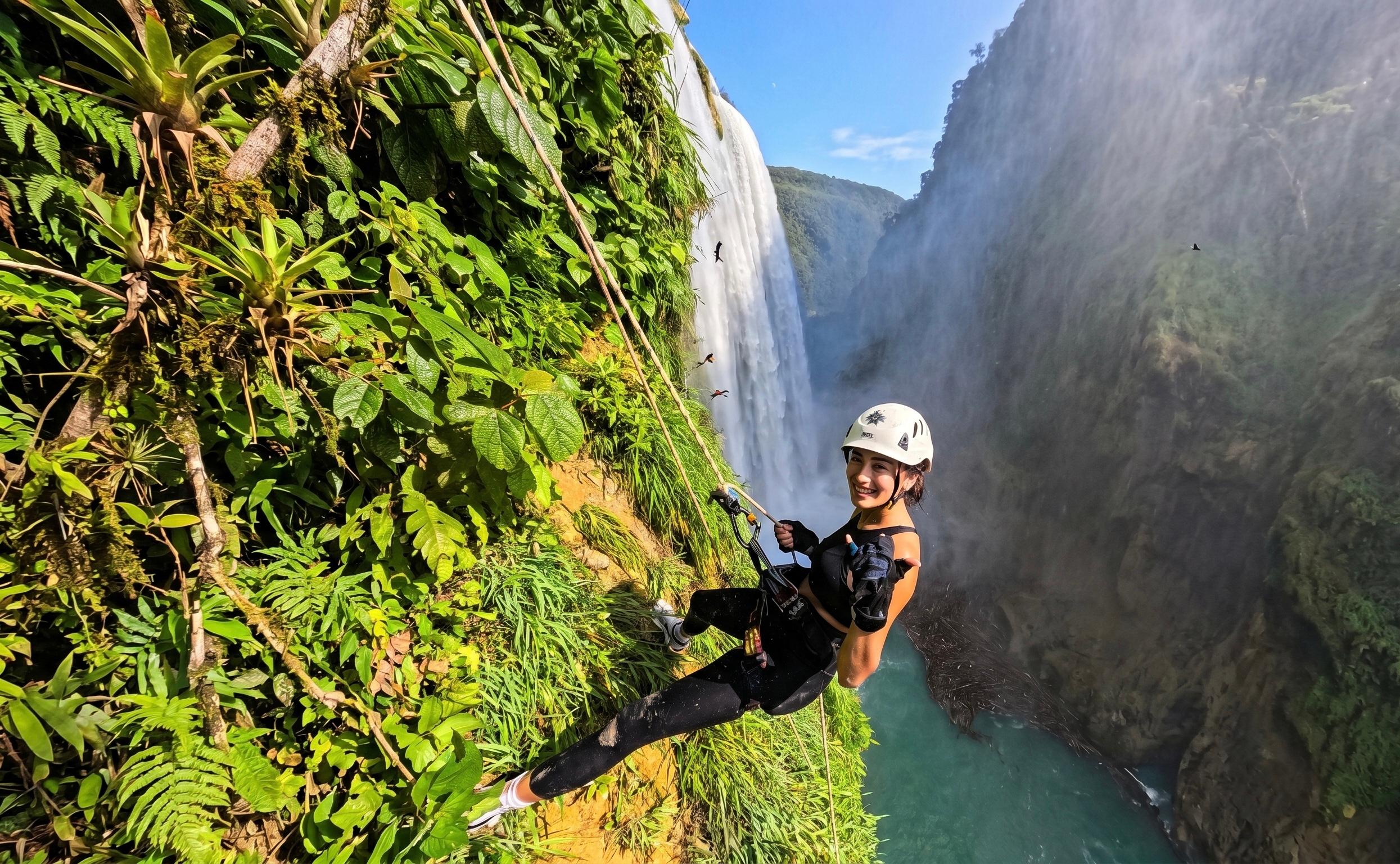 Mujer con casco sonriendo y haciendo pulgar arriba en rappel, con pájaros volando frente a la Cascada de Tamul