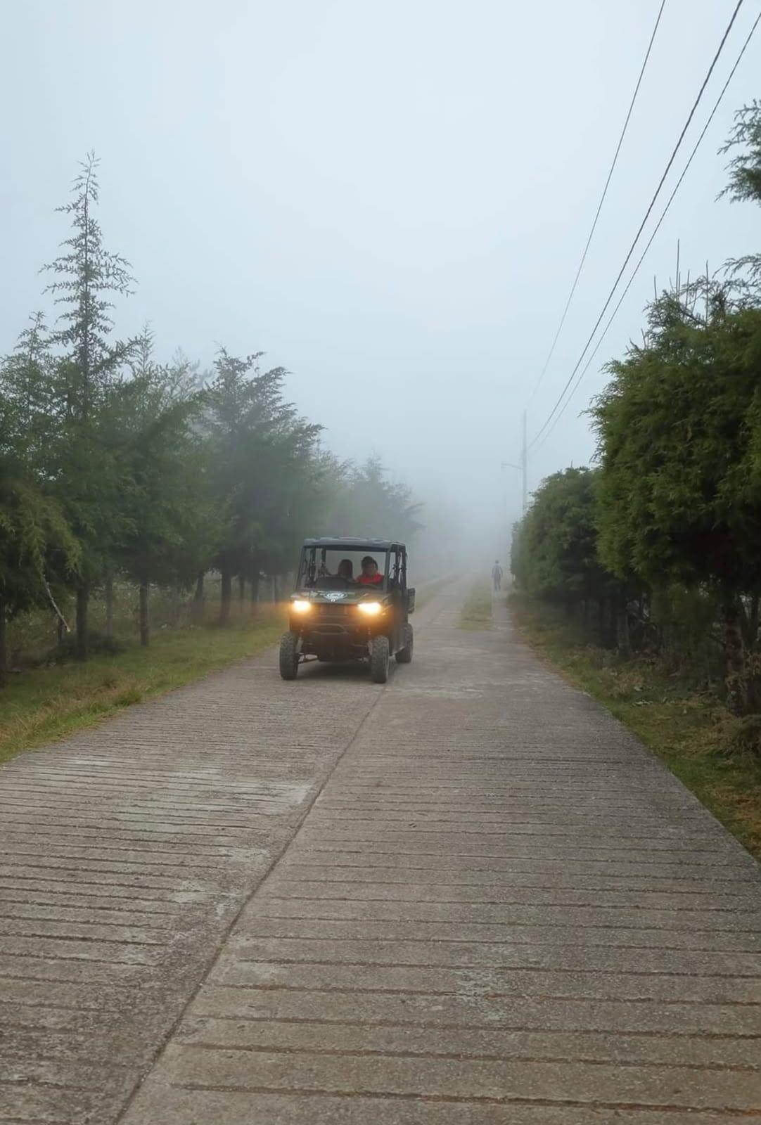 Sierra de Xilitla — un Defender con las luces encendidas entre la niebla