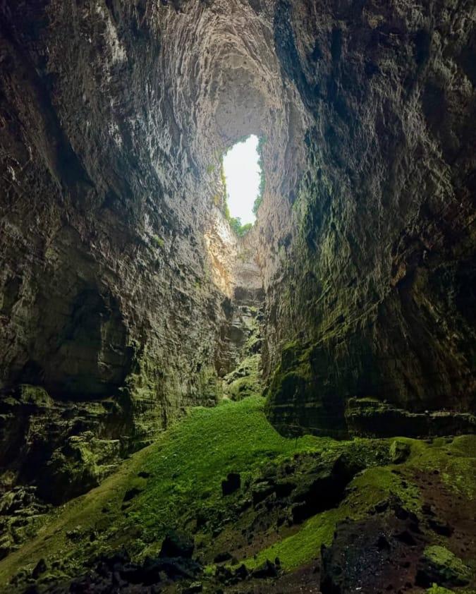Sótano de las Huahuas — la boca del abismo vista desde abajo, entre musgo y luz