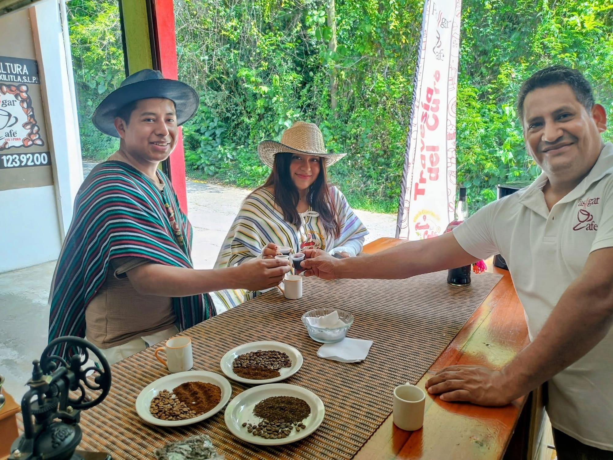 Brindis con tazas de café durante la cata, con los platos de grano verde, tostado y molido sobre la barra