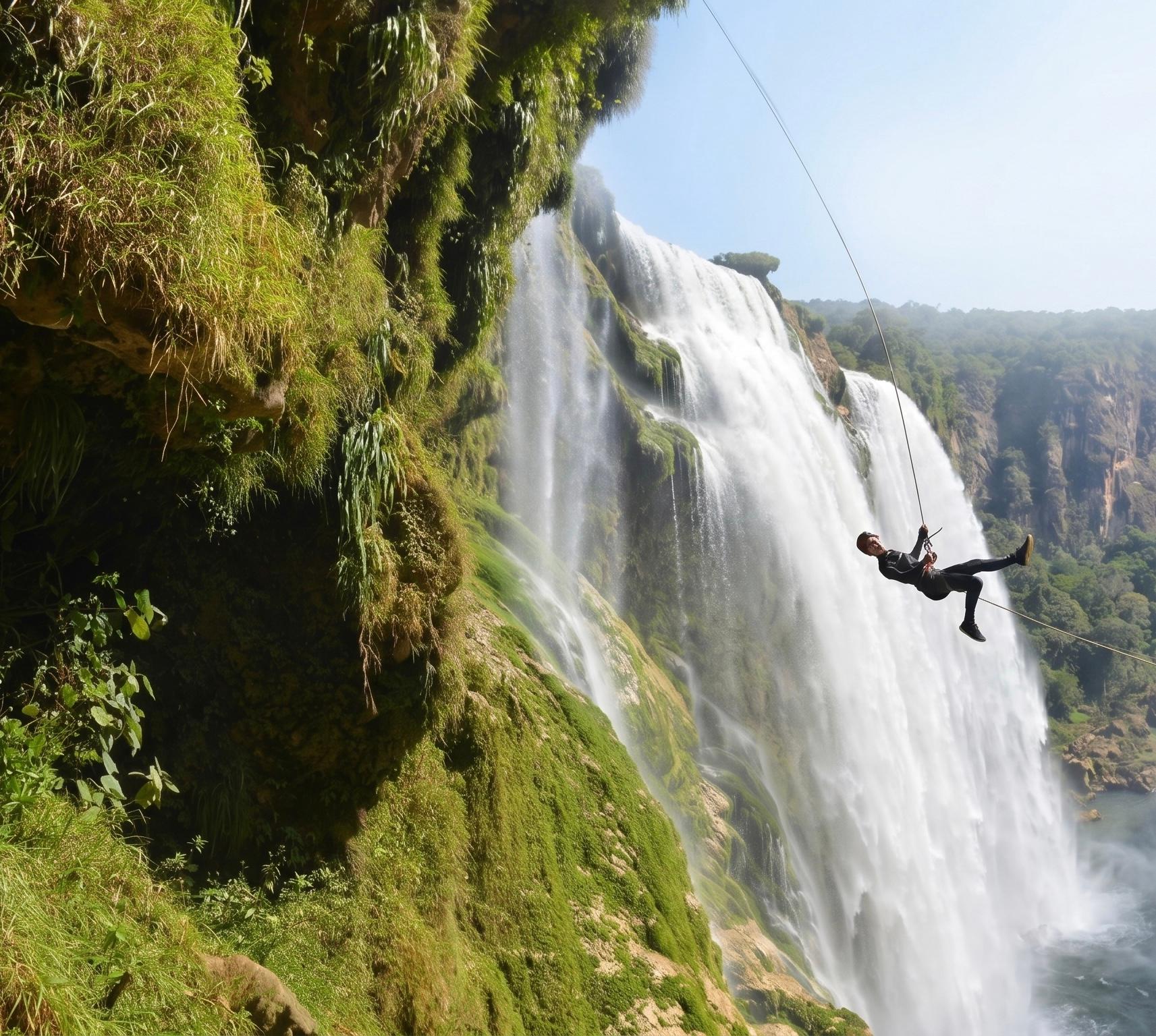 Vista amplia del descenso en rappel sobre la imponente Cascada de Tamul — la caída más alta de México
