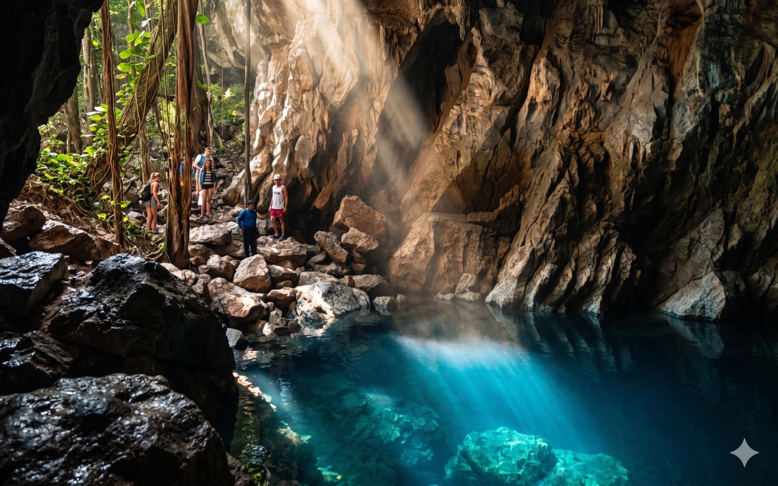 Cueva del Agua con agua turquesa — temporada seca Nov–Mar