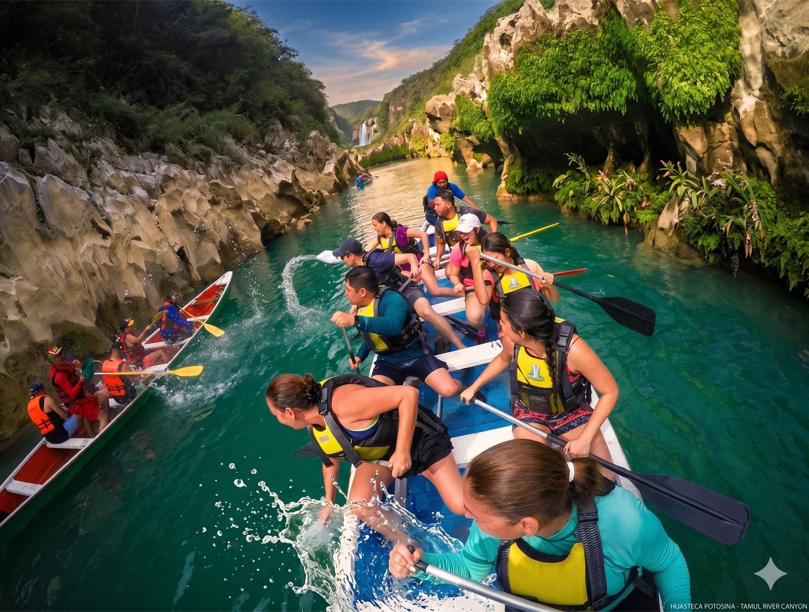 Viajeros disfrutando en las aguas del río Tampaón — equipo básico para la Huasteca
