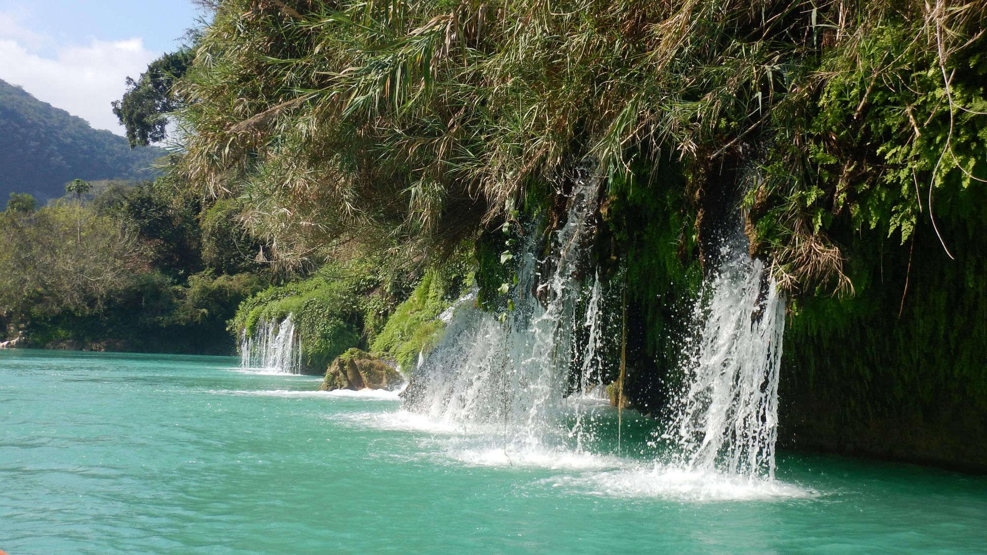 Aguas turquesas del Río Tampaón con vegetación colgante — Expedición Tamul