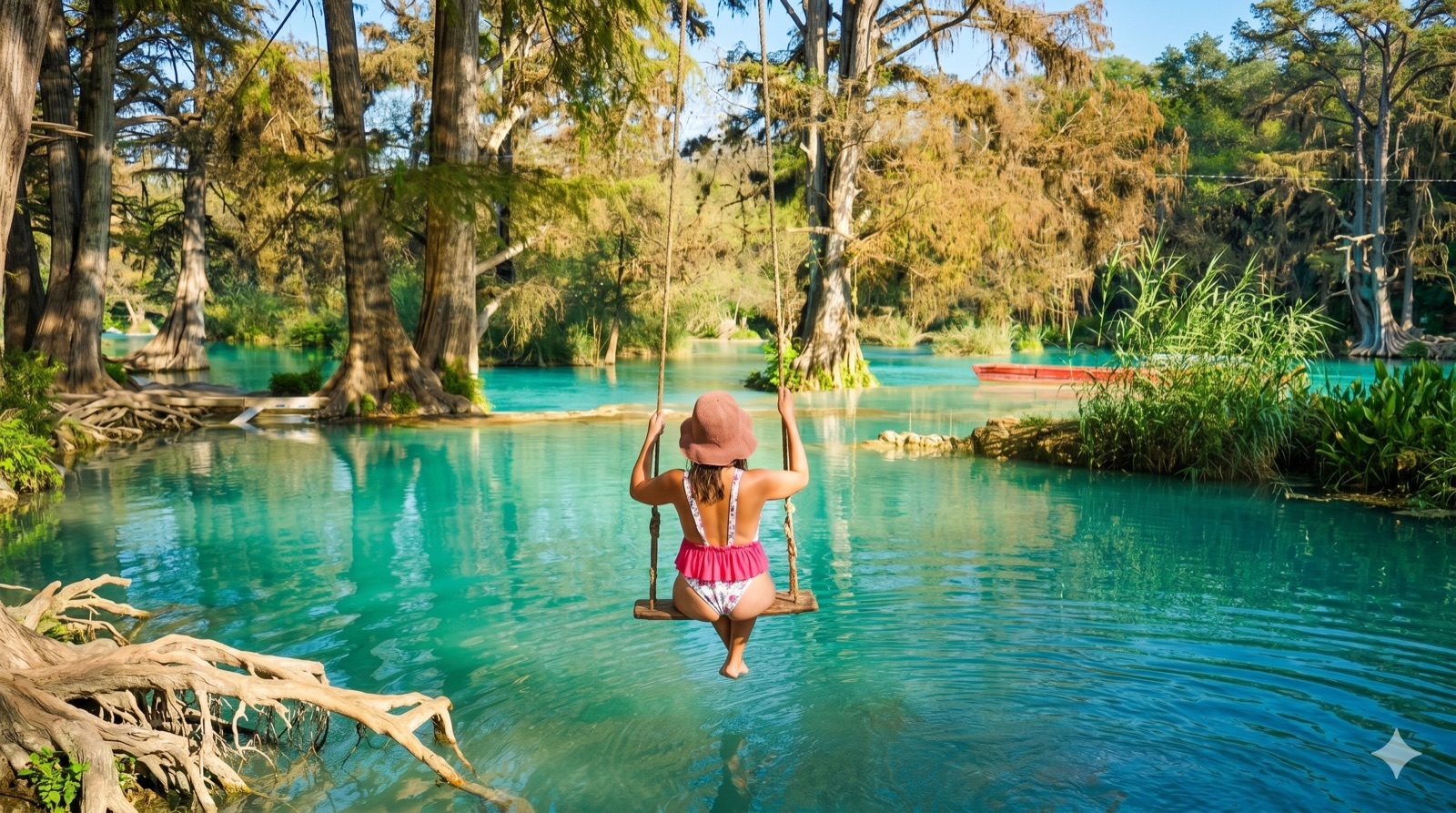 Mujer en columpio sobre las aguas turquesas de la Laguna Media Luna — Huasteca Potosina