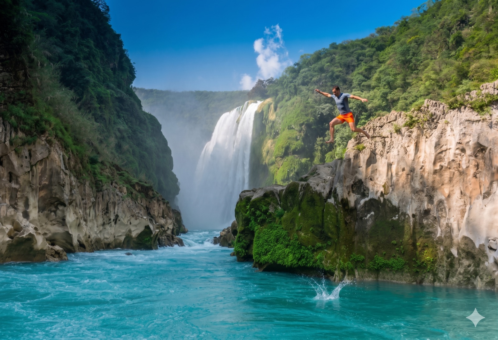 Hombre saltando frente a la Cascada de Tamul — temporada ideal nov-mar con agua turquesa