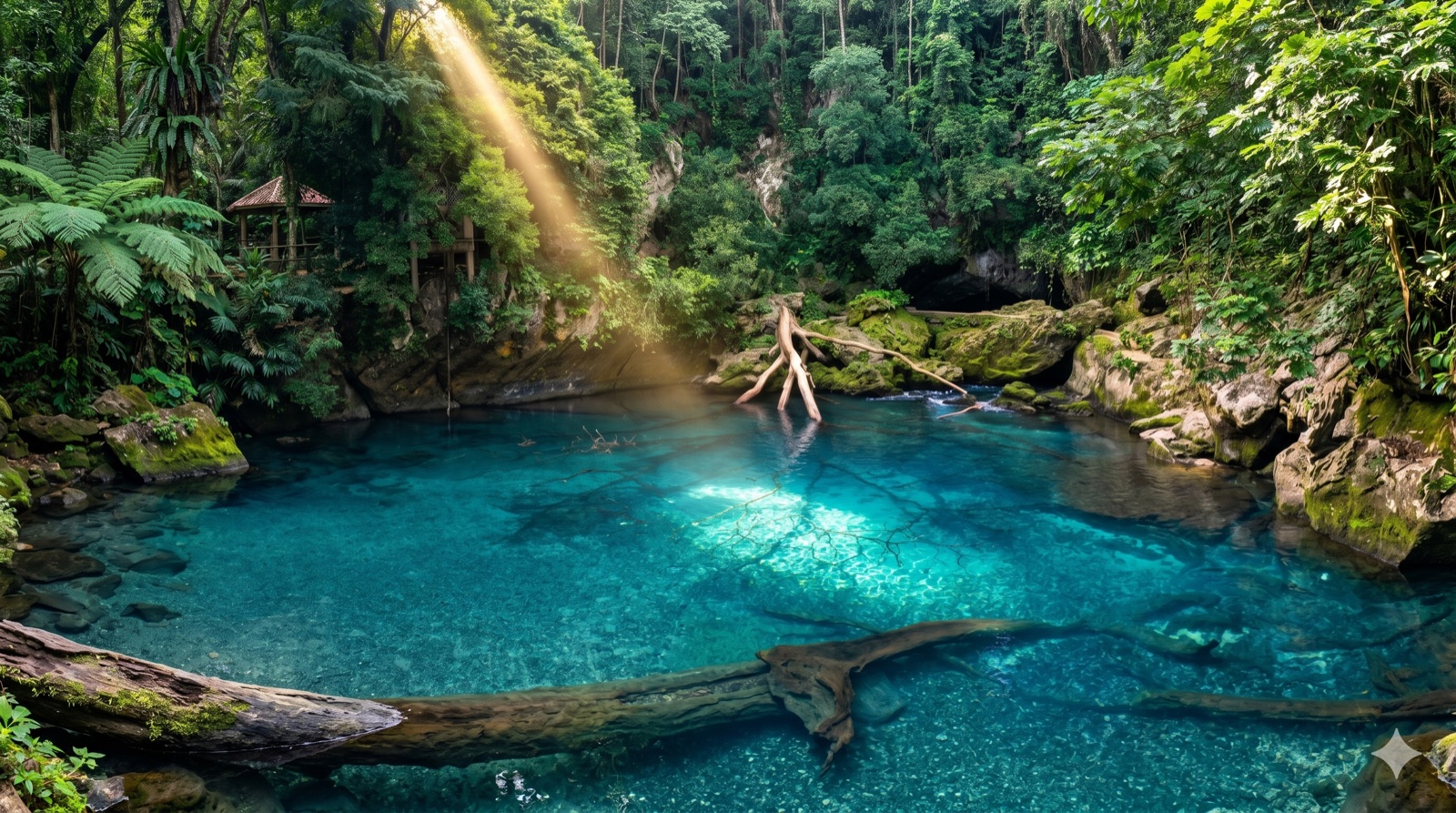 Poza turquesa del Nacimiento de Huichihuayán con rayos de luz natural entre la selva — Huasteca Potosina
