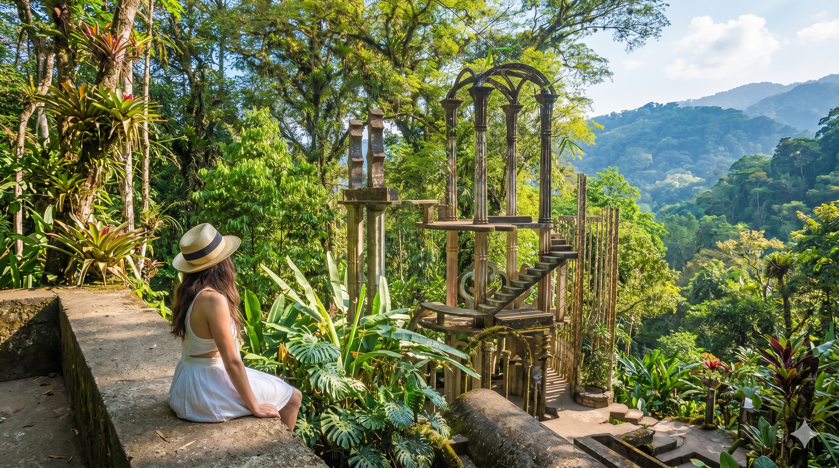 Viajera contemplando las estructuras surrealistas de Las Pozas de Edward James en Xilitla